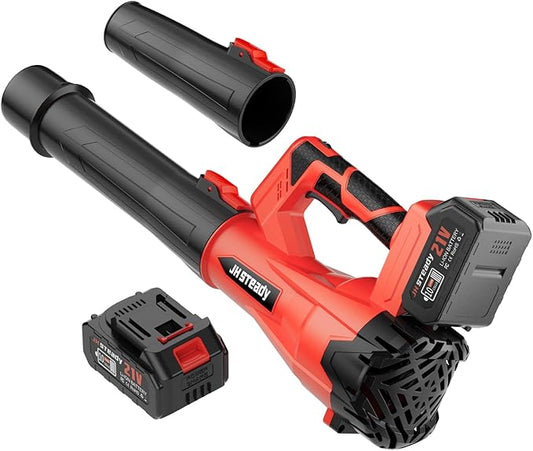 JH Steady 21V Cordless Leaf Blower - 3500W 350m/s, Stepless Variable Speed, Extended Nozzle, Rechargeable with Safety Gear (Red:2*Battery + Charger)