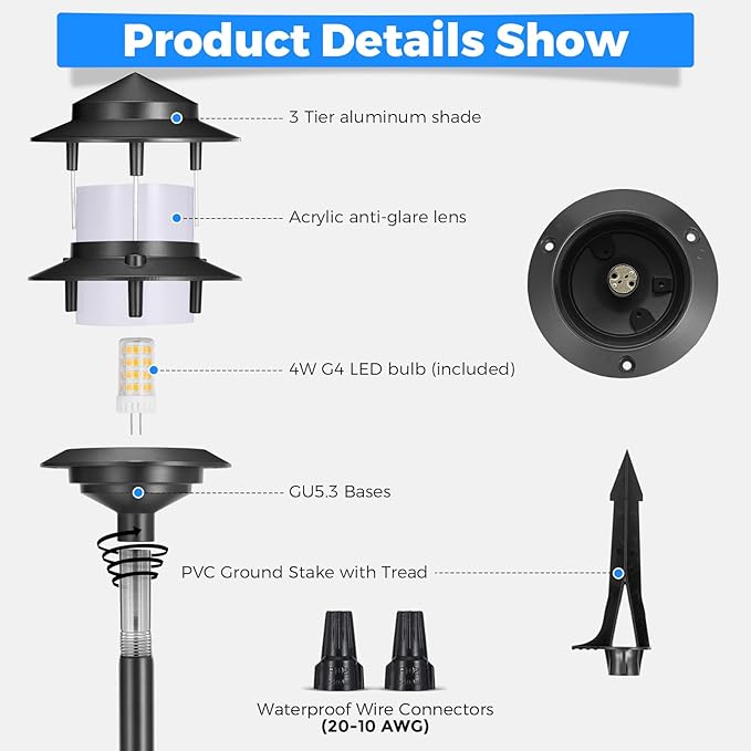 Gardencoin Pagoda Low Voltage Landscape Pathway Lights, 12V Outdoor LED Path Lights Wired, Aluminum Walkway Lighting with 4W 2700K Replaceable G4 Bulb, Classic 3-Tier Lantern, 12 Pack