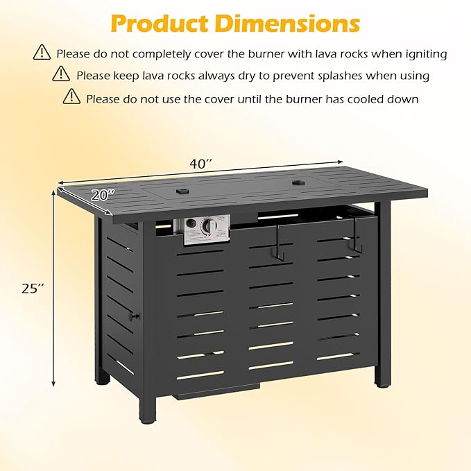 Tangkula Outdoor Propane Fire Pit Table, 40 Inch ETL Certified Outside Rectangle Gas Fire Table with Lava Rocks, Removable Lid and Protective Cover for Patio, Garden, Deck and Backyard (Black)