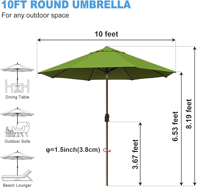 Eurmax USA 10-Year-Non-Fading 10Ft Market Umbrella Outdoor Patio Umbrella Table Umbrella with 8 Ribs,Hand Crank and Ventilation (Ginkgo)