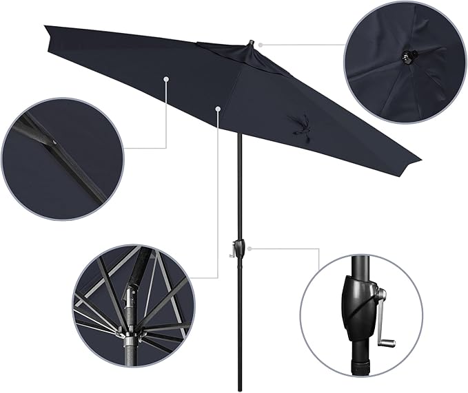 California Umbrella 9' Rd Aluminum Patio Umbrella, Crank Lift, Auto Tilt, Black Finish, Sunbrella Indigo