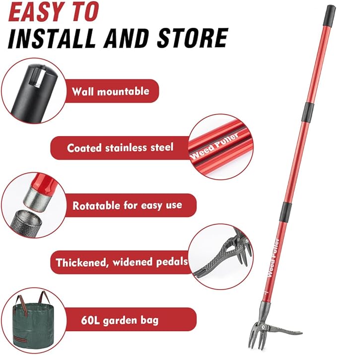 ZENHOSIT Stand Up Weed Puller Tool with 48" Long Metal Handle, 4-Claw Heavy-Duty Steel Head Weed Remove Tool for Lawn, Yard, Garden Without Bending or Kneeling