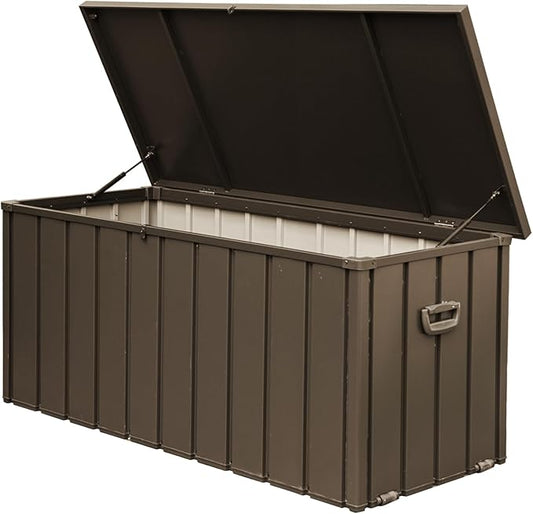 CHUNLY 160 Gallon Outdoor Metal Deck Box, Waterproof Patio Storage Box Large Storage Bench for Outside Cushions, Garden Tools, Pool Accessories (Dark Brown)