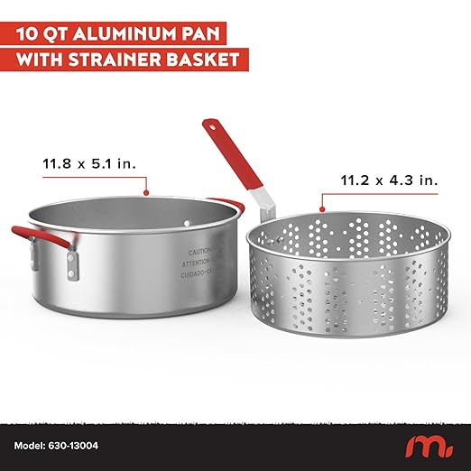 Megamaster Aluminium Fish Fryer Pot with Basket, 10.5QT Deep Fryer with Easy Grip Handle, Outdoor Propane Fryer Pot for Cooking Chicken Wings, Seafood, French Fries - 630-13004
