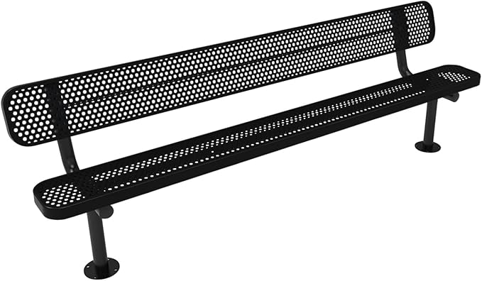 COATEDOUTDOORFURNITURE Coated Outdoor Furniture Heavy-Duty Outdoor Bench Thermoplastic Coated, Punched Steel, Commercial-Grade Seating, Made in America (Surface with Back, 8 Ft, Textured Black)