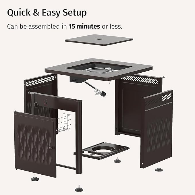 28" Outdoor Propane Fire Pit Table | 50,000 BTU Gas Fire Pit Table for Outside with Magnetic Lid | Storage Basket & Lava Rocks | CSA Certified for Patio, Garden & Backyard | Black