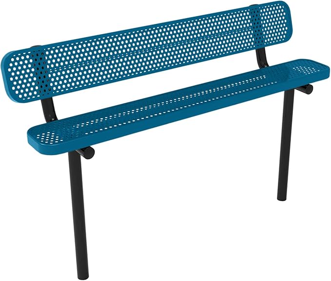 COATEDOUTDOORFURNITURE Coated Outdoor Furniture Heavy-Duty Outdoor Bench Thermoplastic Coated, Punched Steel, Commercial-Grade Seating, Made in America (Inground with Back, 6 Ft, Light Blue)