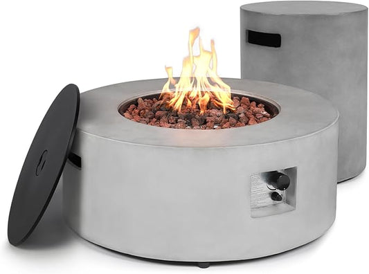 36inch Round Concrete Fire Pit Table with Propane Tank Cover 50,000 BTU Outdoor Fire Table Modern Firepit CSA Certification Natural Gas Firepits with Steel Lid, Rain Cover for Backyard, Deck