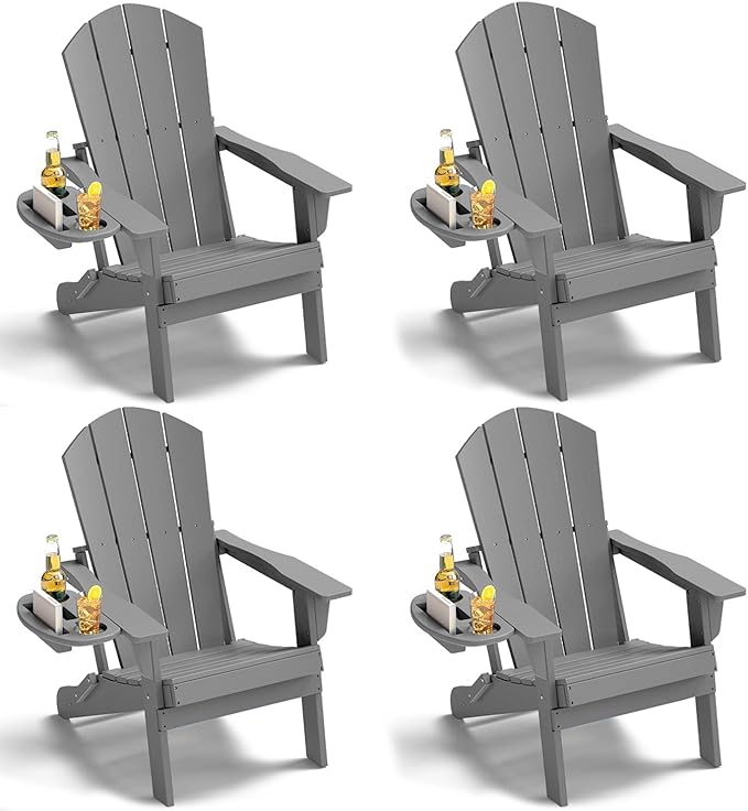 Adirondack Chair Set of 4, HDPE Folding Adirondack Chair with Multifunctional Cup Holder, Weather Resistant Fire Pit Chair for porches, patios, poolsides, Decks.