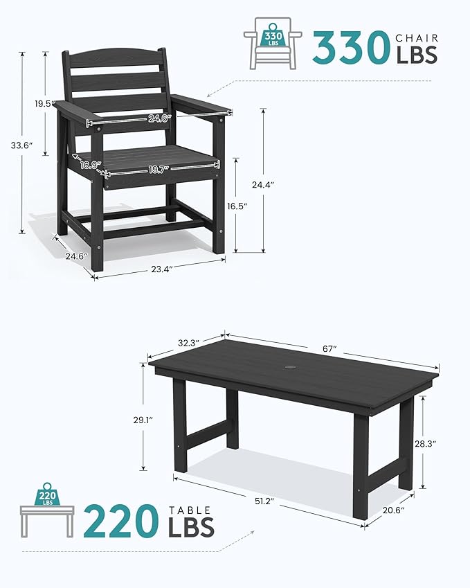 SERWALL Outdoor Dining Set for 6, HDPE Outdoor Furniture with Umbrella Hole & 1 Outdoor Bench & 4 Outdoor Dining Chairs, Black