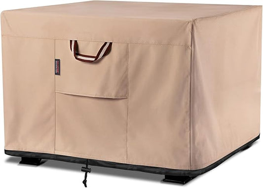 QH.HOME Fire Pit Cover Square-25-28 Inch Heavy Duty 900D Strong Tear-Resistant and UV Resistant and Waterproof and Fading Resistant Material Polyester Firepit Covers for Outdoor Fire Table-Wheat