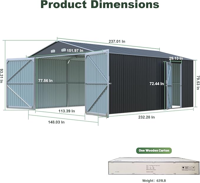 Metal Garage Shed 13x20 FT, Sheds & Outdoor Storage Clearance, Outdoor Storage Shed for Car, Truck, Bike, Lawnmower, Backyard Tool House Building 2 Doors and 4 Vents Dark Gray