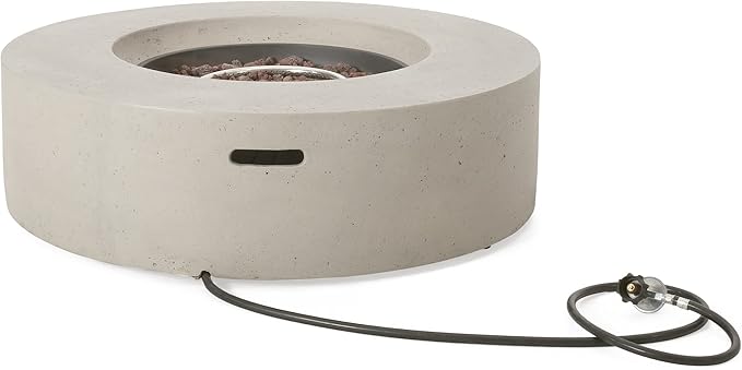 Outdoor Propane Fire Pit Table for Outside Patio, 39 Inch Concrete Fire Pit Table, Round Gas Fire Pit for Garden, Pool, Backyard, 50,000 BTU, Free Lava Rocks, Light Gray