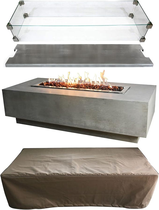 Elementi Granville 60 Inch Rectangular Concrete Natural Gas Fire Pit Table + 42 Inch Stainless Steel Fire Pit Cover + Tempered Glass Wind Screen Guard