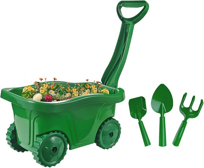 Duckura Kids Wheelbarrow Set - Gardening Tools for Kids with Shovel, Rake, Trowel, Outdoor Yard Lawn Digging Weed Toys, Valentine's Birthday Gifts for Boys Girls Age 2 3+Years Old(Green A)
