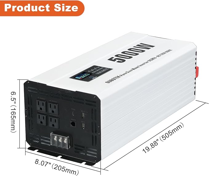 5000 Watts Power Inverter, Pure Sine Wave 24V DC to 120V AC Off Grid Solar Inverter with Wired Remote Switch LCD Display 4 AC Outlets Hardwire Terminal for Home RV Camping