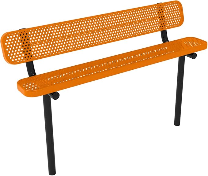 COATEDOUTDOORFURNITURE Coated Outdoor Furniture Heavy-Duty Outdoor Bench Thermoplastic Coated, Punched Steel, Commercial-Grade Seating, Made in America (Inground with Back, 6 Ft, Orange)