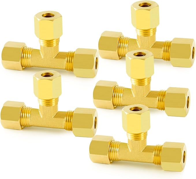 ChillWaves Brass Tee Compression Tube Fitting, 3/16" OD x 3/16" OD Union Connector (5-Pack)