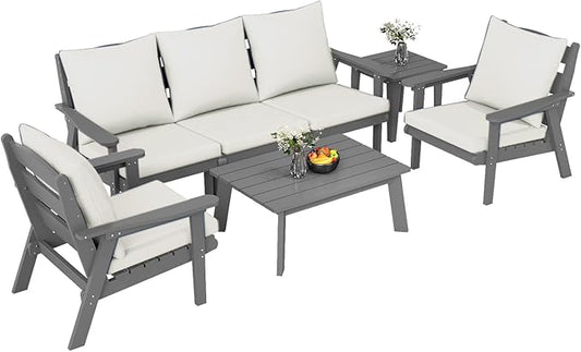 FOOWIN 7-Piece Patio Furniture Set, HDPE All-Weather Outdoor Conversation Set with Thick Cushions, Sectional Patio Sofa Furniture for Deck, Porch, Lawn, Garden, Grey Frame & White Cushion