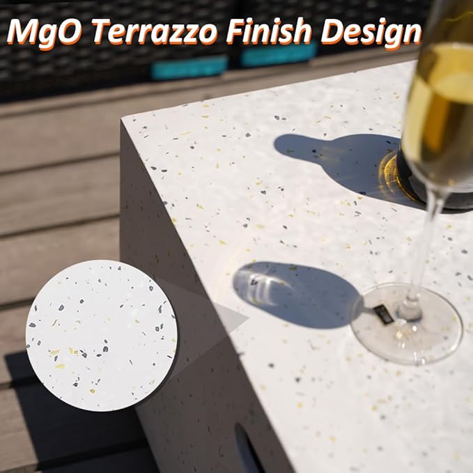 Outdoor Propane Fire Pit Table - 56" White Rectangle Terrazzo Finish Fire Table, Certified, 50000 BTU Stainless Steel Burner with Glass Wind Guard and Tank Table