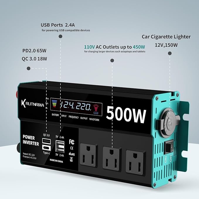 Power Inverters 500W 12V DC to 110V AC Converter for Vehicles USB-C/PD 25W Fast Charging Ports Car Charger Adapter with a Cigarette Lighter Ports Plug Outlet(Modified sine wave-500W)