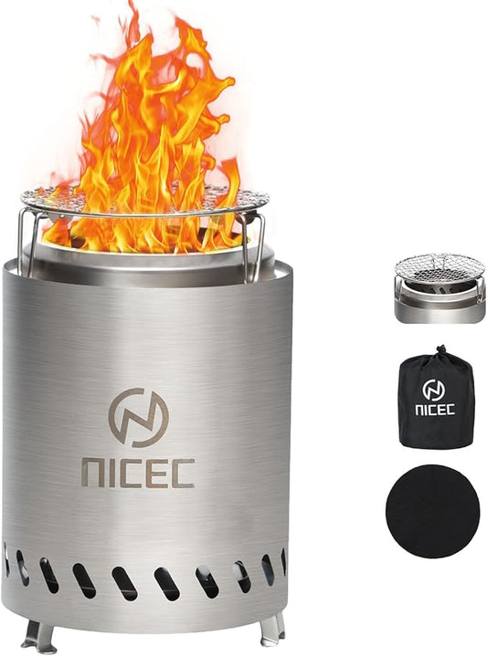 Nice C Fire Pits, 7.1 Inch Smokeless Fire Pits, Portable Fire Pit, Outdoor Fire Pit, Tabletop Fire Pit, Wood Buring Fireplaces, Stainless Steel, with Grill Grate, Removable Ash Tray & Carry Bag