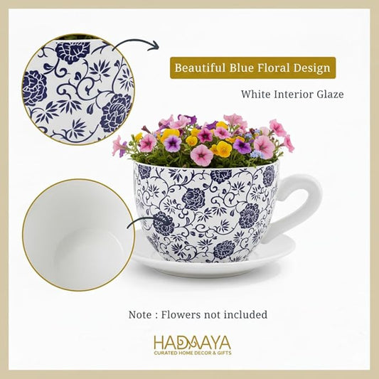 7.5" Ceramic Teacup Planter Pot with Saucer | Ideal for Succulents, Orchids, Herbs & Flowers | Indoor Use| Thoughtful Gift for Birthday, Gift Basket, Sympathy & More – White Blue Floral Teacup Planter
