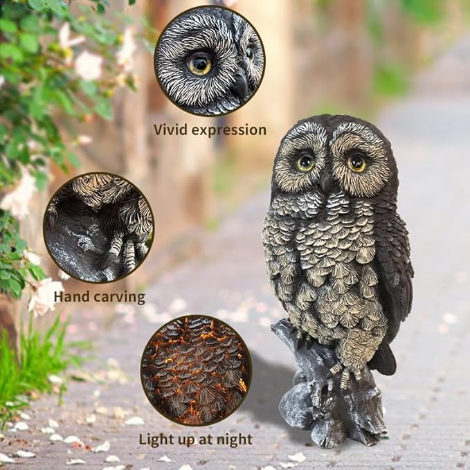 VV-Ladybug Solar Owl Garden Statues Outdoor Decor Resin with Solar Lights Sculpture for Porch Patio Lawn Yard Decorations Christmas Housewarming Gifts for Women Mom