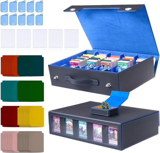 5-Row 3900+ Trading Card Storage Box for MTG, Card Deck Box with Snap-fit Design, 5 Card Sleeves, 10 Stoppers, 80 Dividers and 1 Dice Tray (Black-Blue)