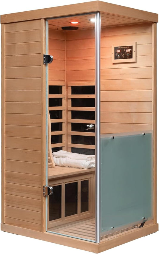 LTCCDSS 1 Person Infrared Sauna, Infrared Sauna for Home, 1060W Sauna with Red Lamp, Bluetooth Speakers, Indoor Lamp, 2 Tempered Glass Door, Hemlock Sauna Right Door