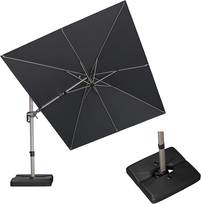 PURPLE LEAF 9' X 12' Left-right Tilting Patio Umbrella with Base Outdoor Swivel Cantilever Offset Aluminum Umbrella with Champagne Frame and 360-degree Rotation for Garden Deck Pool, Grey
