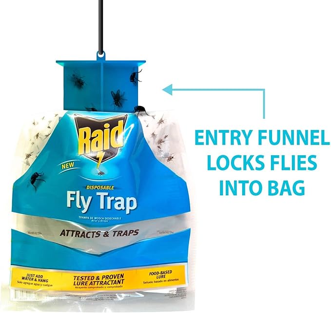 Raid Fly Trap for Outdoor Use, 6 Pack, Disposable Bag with Entry Funnel, Preloaded Lure, Water-Activated Hanging Bug Catcher for Patios, Gardens, Trash Areas, Picnics, Easy to Use & Discard