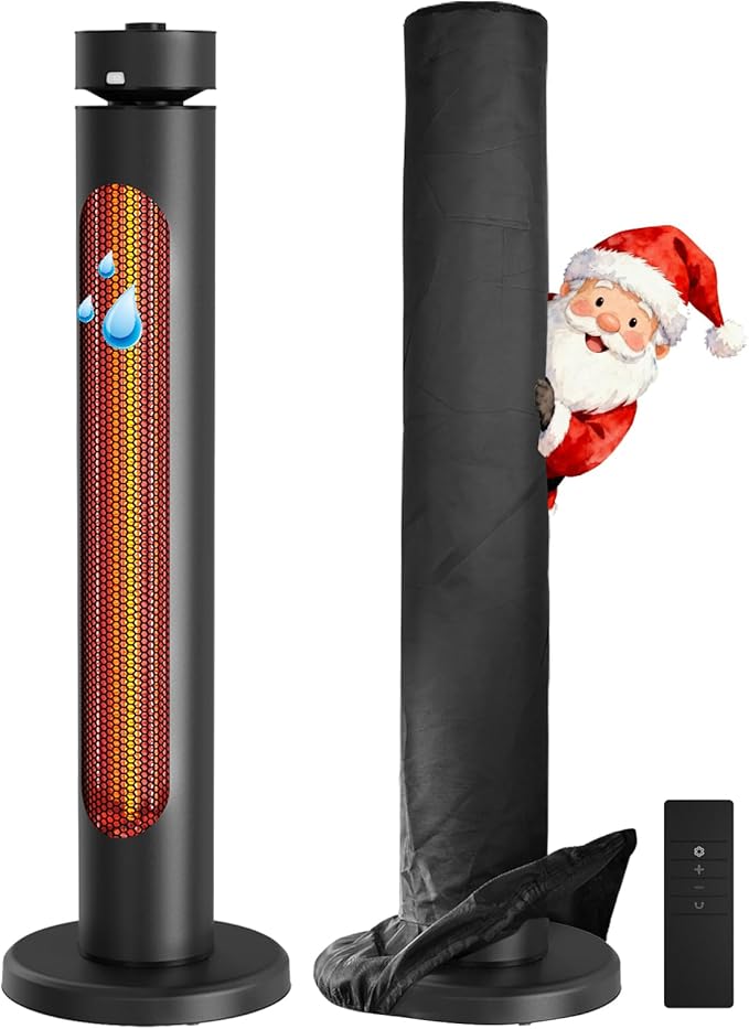 Portable Heater Outdoor Infrared 1500W 8 Heat Levels 8H Timers Carbon Fiber Tube Tip-Over&Overheat Protection IP45 Waterproof Electric Garden Heater, Deep Black