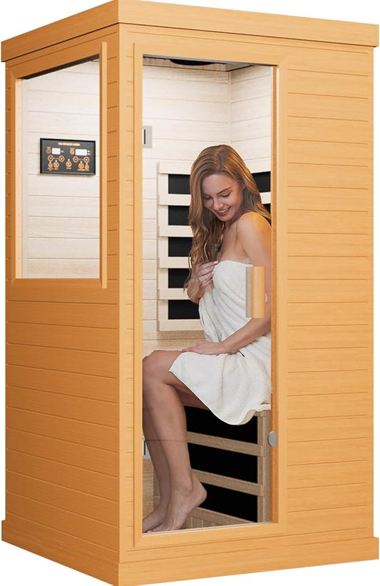 Far Infrared Sauna Home Sauna Spa Room Canadian Hemlock Wood 1200W Indoor Saunas Low EMF 110V with Control Panel and Tempered Glass Door, Room: 35.2 * 27.6 * 61.6Inch