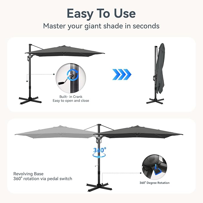 GREEN PARTY 10x10 ft Cantilever Patio Umbrella with Base, Rectangle Offset Outdoor Umbrellas with 360° Rotation, 5-Year-Non-Fading Hanging Pool Umbrella for Garden Deck Poolside - Grey