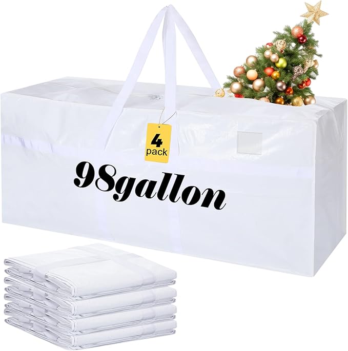 Windyun 4 Pack 98 Gallon Extra Large Storage Bags XXL Moving Bags with Zipper Handles Heavy Duty Jumbo Big Tote Box for Christmas Tree Storage 4, 5, 7.5, 9, 10, 12 ft Skeleton College Dorm(White)