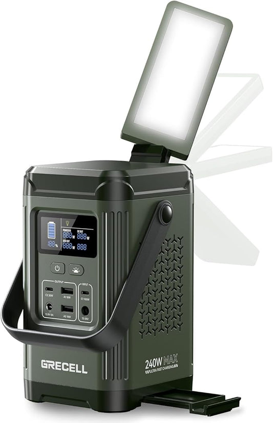 GRECELL 240W Portable Power Station LiFePO4 Battery, 154Wh Dual Way 100W USB-C PD, Portable Power Bank with Integrated Stand, Solar Generator for Outdoors, Camping, Travel (Wall Charger Not Included)