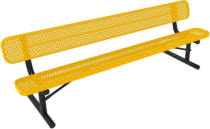 COATEDOUTDOORFURNITURE Heavy-Duty Portable Outdoor Bench Thermoplastic Coated, Punched Steel, Commercial-Grade Seating, Made in America (Portable with Back, 8 Ft, Textured Yellow)