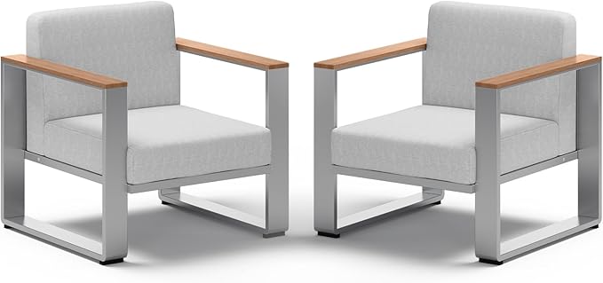 Aluminum Outdoor Patio Furniture,2 Pieces Armchairs, All-Weather Outside Single Sofa for Deck, Porch (Teak-Gray)