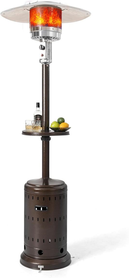 Nuu Garden Outdoor Propane Gas Patio Heater with Liftable Drink Stand and Wheels, 304 Stainless Steel Burner Patio Heater for Backyard, Garden, Porch, Brown