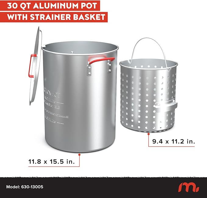 Megamaster Turkey Fryer Pot with Basket, 30 Qt Aluminum Seafood Boil Pot with Lid and Silicon Handles, Premium Turkey Deep Fryer for Outdoor Cooking - 630-13005