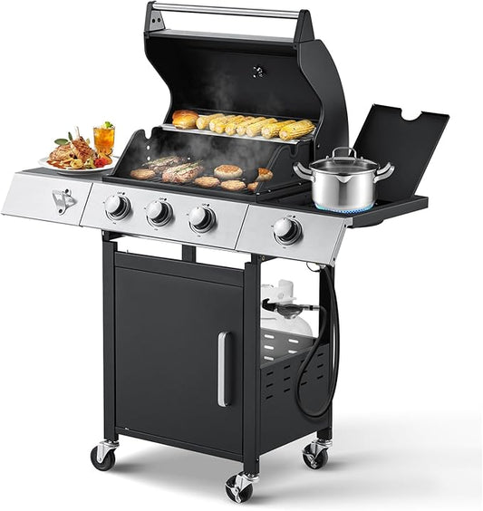 MELLCOM Upgraded 36,000 BTU Stainless Steel Burner Barbecue Grill, 3 Burner BBQ Propane Gas Grill with Cast Iron Grates & Side Stove for Patio, Camping, Outdoor Cooking