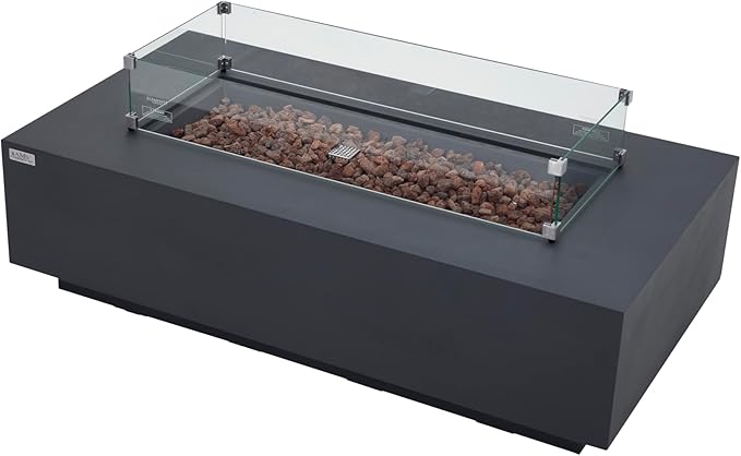 AMS Creations | Madison 60" Bundle Rectangular Natural Gas Outdoor Fire Pit Table | Dark Gray Concrete GFRC | Smooth Texture or Surface | Electronic Ignition | Outside Backyard Fireplace