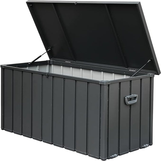 CHUNLY 120 Gallon Metal Deck Box, Waterproof Outdoor Patio Storage Box for Outside Cushions, Pool Supplies, Garden Tools, Lockable (Dark Gray)