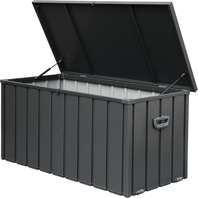 JOSHEN 200 Gallon Outdoor Storage Deck Box with Lockable and Mobile Roller,Large Steel Container Bin with Waterproof and UV Resistant for Garden,Patio,Dark Gray