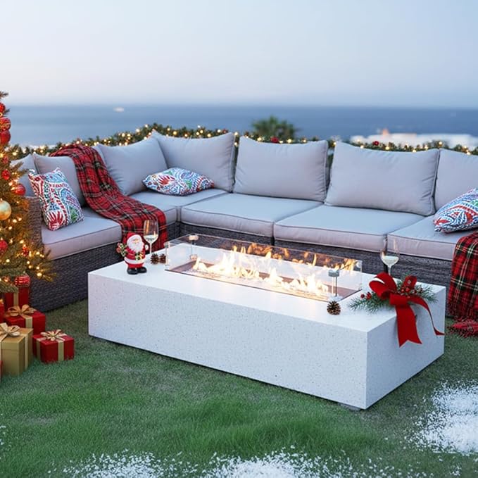 Outdoor Propane Fire Pit Table - 56" White Rectangle Terrazzo Finish Fire Table, Certified, 50000 BTU Stainless Steel Burner with Glass Wind Guard and Tank Table