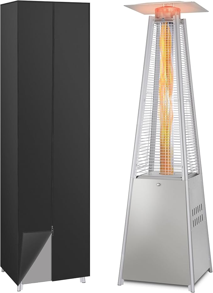 Hykolity 48000 BTU Pyramid Patio Heater, Outdoor Propane Heaters with Wheels and Cover, Glass Tube Propane Patio Heater for Backyard, Garden, Porch and Pool, Silver Grey