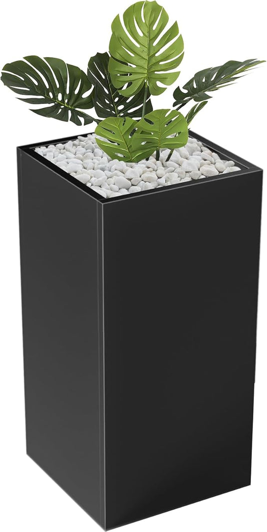 Metal Large Planter Box 15" L x 15" W x 30" H, Heavy Duty Tall Rectangle Outdoor Planter Box with Removable Insert Shelves for Porch, Garden, Patio, Yard (Black)
