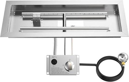 Skyflame Stainless Steel 24" Rectangle Fire Pit Drop-in Burner Kit with Extinguishing Protection Device, Flame Sensing, Electronic Spark Ignition, Gas Hose Connector for Propane