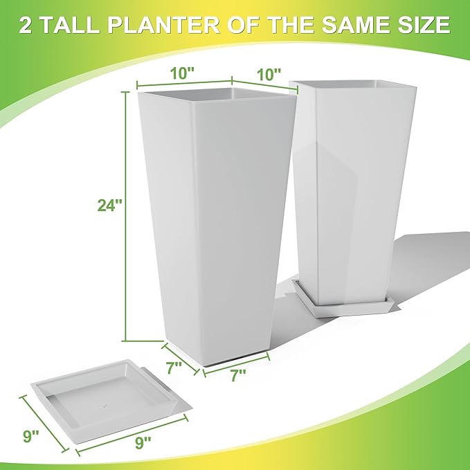 Set of 4 24" Tall Plastic Planters with Trays, Large Tapered Plant Pots for Indoor Outdoor Use, Modern Decorative Planters for Porch, Patio, Garden, and Backyard
